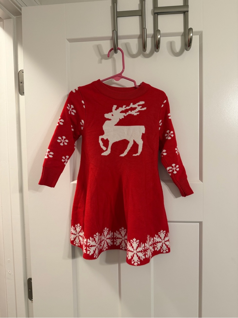 Girls Red Reindeer Knit Holiday Dress - 3T